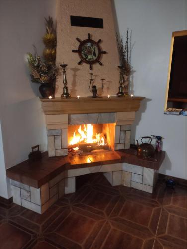 a fireplace in a living room with a fire at Лелеч in Tatariv