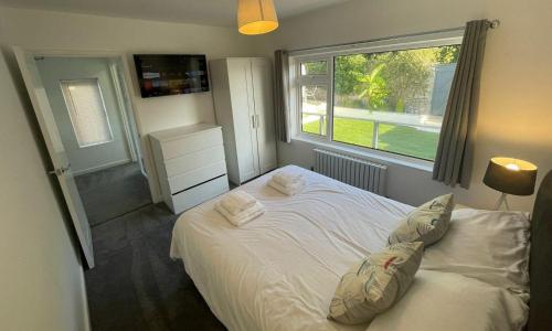 a bedroom with a bed with pillows and a window at Driftwood Villa - NEW LISTING in Brixham