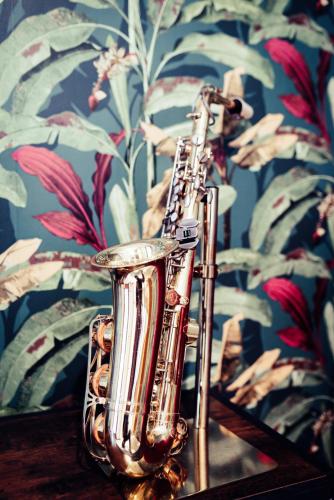 a pair of saxophone sitting on top of a table at Brigida B&B in Monteprandone