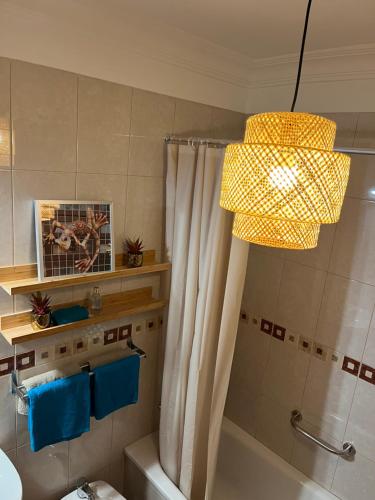 a bathroom with a shower and a yellow pendant light at Gran Relax Alcala Appartement in Alcalá