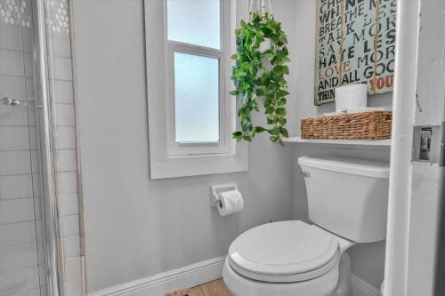 a white bathroom with a toilet and a window at Sneaky Tiki: Heated Saltwater Pool+5 min to beach in Largo