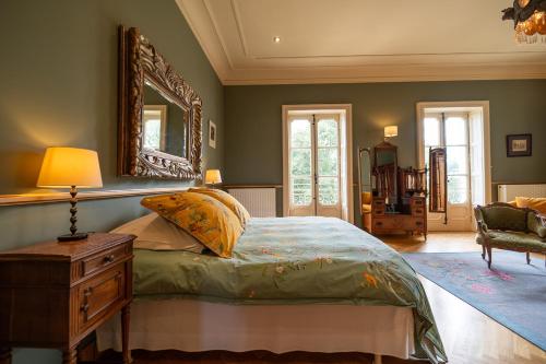 Schlafzimmer mit einem Bett und einem Wandspiegel in der Unterkunft Chateau de Bézyl in Sixt-sur-Aff