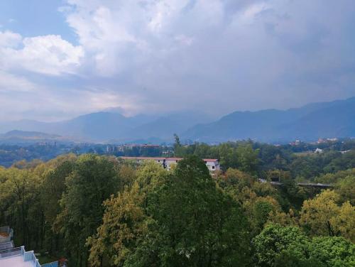 una vista de los árboles con montañas a lo lejos en The Sunrise Inlet, en Rājpur