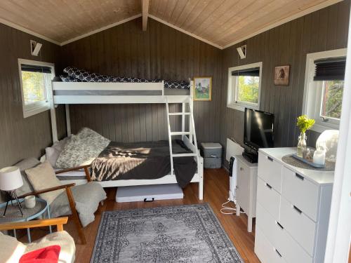 Hytte med Anneks og fantastisk utsikt på Ljøsheim في Mesnali: غرفة صغيرة مع سرير بطابقين ومكتب