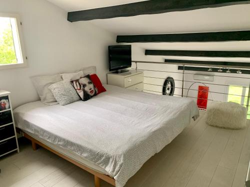 um quarto com uma cama grande e uma televisão em CHARMANT STUDIO INDEPENDANT PROCHE MER parking privé em Mireval