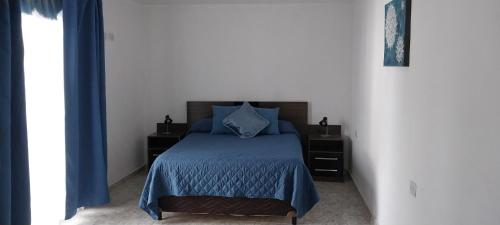 1 dormitorio con 1 cama con sábanas azules y 2 mesitas de noche en CASATOUR en San Rafael