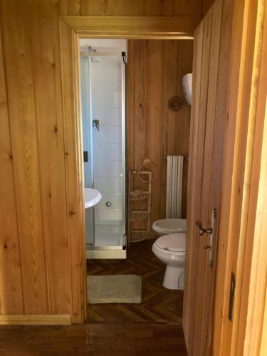 łazienka z toaletą i umywalką w obiekcie Villa Malgary w mieście Laceno