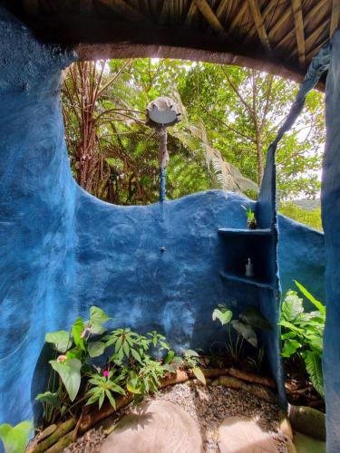 a bird bath in a garden with a waterfall at Taibará Refugio Natural in San Carlos