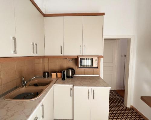 塞薩羅尼基的住宿－Nomas Skg Apartment，厨房配有白色橱柜、水槽和微波炉