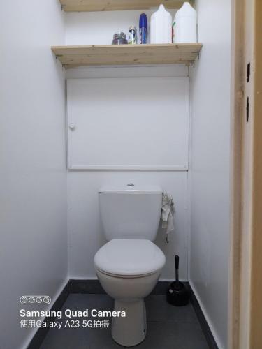 a bathroom with a white toilet in a room at La chambre de l'appartement in Créteil