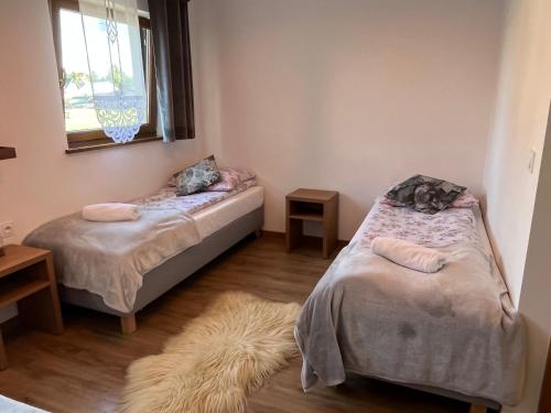 a bedroom with two beds and a window and a rug at Apartamenty u Petuski in Szaflary