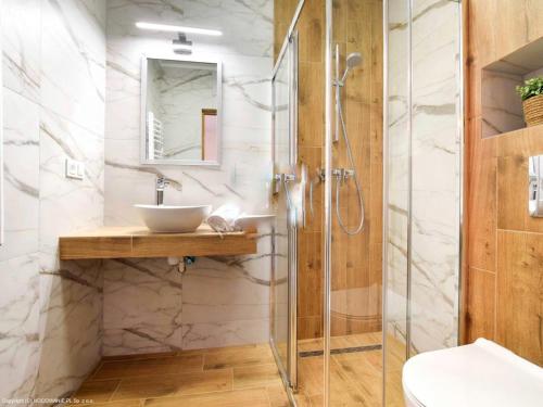 een badkamer met een wastafel en een glazen douche bij Apartamenty u Petuski in Szaflary