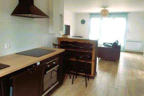 - une cuisine et un salon avec un comptoir et une table dans l'établissement le Gîte de Cigogne, à Faverolles-sur-Cher