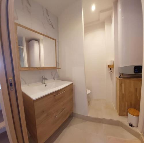 une salle de bain avec un lavabo et des toilettes dans l'établissement Front de mer - Emplacement prisé au calme - T2 moderne et entièrement climatisé - Tout à pieds, à Sanary-sur-Mer