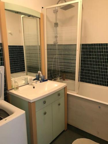 une salle de bain avec un lavabo, un miroir et une douche dans l'établissement Appartement traversant 4 pers pied des pistes vue imprenable, à Orcières