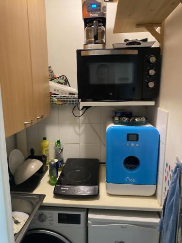 Il comprend une cuisine équipée d'un four micro-ondes et d'un grille-pain. dans l'établissement Studio confortable Paris, à Paris