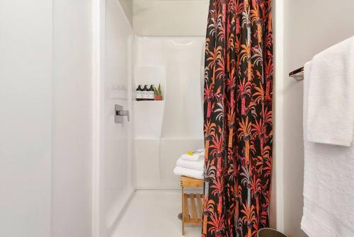 a bathroom with a shower with a shower curtain at HostWise Stays - The Geneva - Easy Walk to Childrens in Pittsburgh
