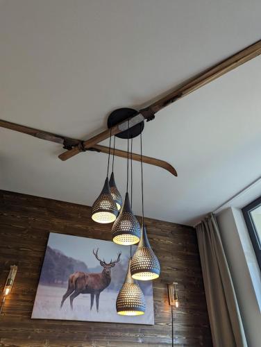 a group of lights hanging from a ceiling with a picture of a deer at Zadov - Apartmán Srdce Šumavy in Stachy