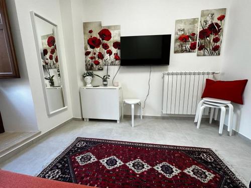 sala de estar con alfombra roja y TV de pantalla plana en Il Nido di Domi, en LʼAquila