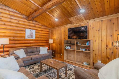 a living room with a couch and a tv in a cabin at The Alaskan Dream Lodge in Fairbanks
