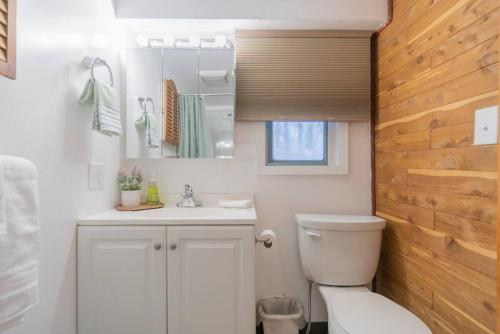 a bathroom with a white toilet and a sink at The Little Airport Getaway in Fairbanks