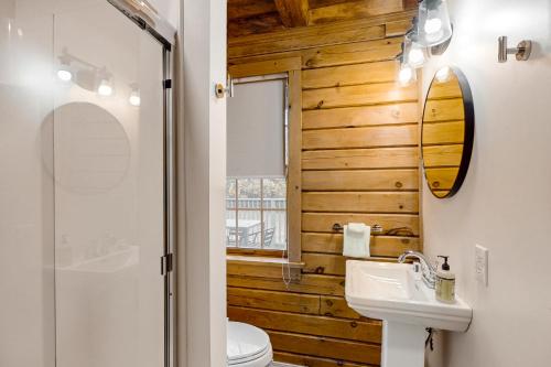 y baño con aseo, lavabo y espejo. en Modern Log Cabin with Vineyard Views en Penn Yan