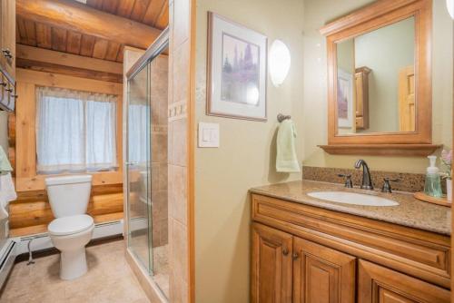 a bathroom with a toilet and a glass shower at Tucked Away Timber Upper Suite in Fairbanks
