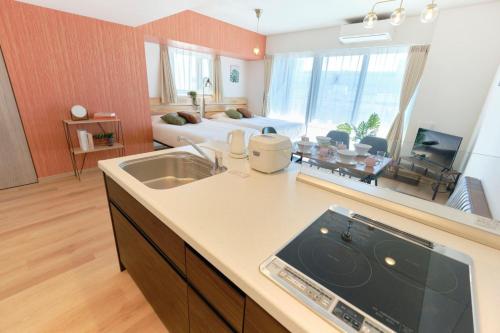 a kitchen with a sink and a living room at Modelo Sangenjaya - Vacation STAY 15698 in Tokyo