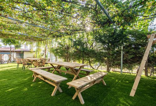 a group of picnic tables and chairs under a tree at Levada Apartment - Hellenic Apartments Avlona in Avlón