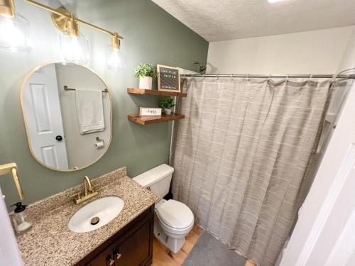 ein Badezimmer mit einem WC, einem Waschbecken und einem Spiegel in der Unterkunft Remodeled Summit Condo at Snowshoe - Modern & Cozy in Snowshoe
