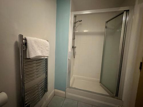 La salle de bains est pourvue d'une douche avec une porte en verre. dans l'établissement Ensuite Double Bedroom In Shared Apartment, à Birmingham