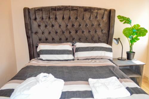 a bed with a black headboard and a plant at Fantastic location 1-Bed Apartment in Harare in Harare