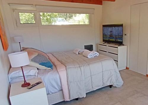- une chambre avec un lit et une télévision dans l'établissement La Casa de los Cuadros, à Lago Puelo