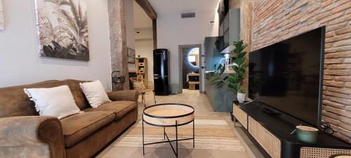 uma sala de estar com um sofá e uma televisão em SUITE HAUS BAHIA em Santander