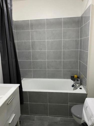 une salle de bain avec baignoire et toilettes dans l'établissement Joli studio avec parking privé, bien situé, à Moulins