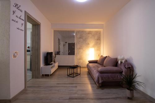 a living room with a couch and a television at Happy Residence Sibiu in Sibiu