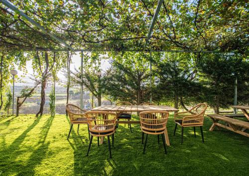 a picnic table and chairs in a yard with trees at Mirtilo Apartment - Hellenic Apartments Avlona in Oinófita