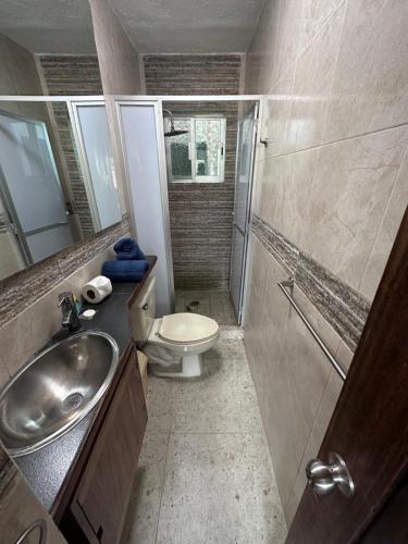 a bathroom with a toilet and a sink and a shower at Suite las palmas excelente depa con alberca in Manzanillo
