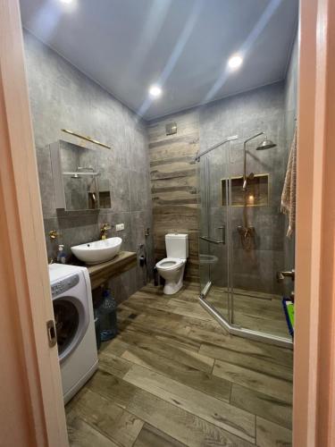 een badkamer met een douche, een toilet en een wastafel bij Lisi villa in Tkhinvali