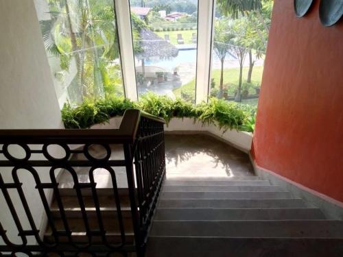 a stairway with a pool of water next to a window at Casa Quinta Joselito in Jiutepec