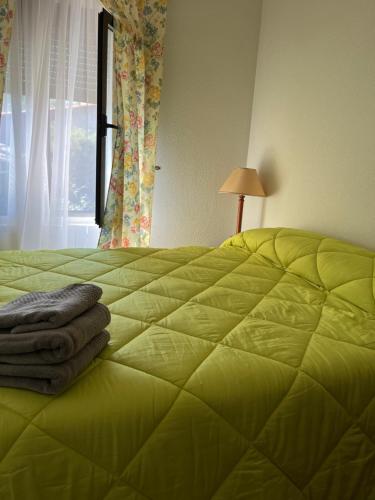 een slaapkamer met een groot groen bed en een raam bij Aura rural II in San Pablo de los Montes