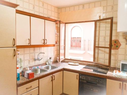 een kleine keuken met een wastafel en een raam bij Apartamentos Ruz in Córdoba