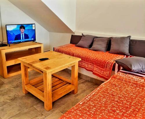 ein Wohnzimmer mit 2 Betten und einem Tisch mit einem TV in der Unterkunft Sipano Beach Lodge Kiwengwa in Kiwengwa