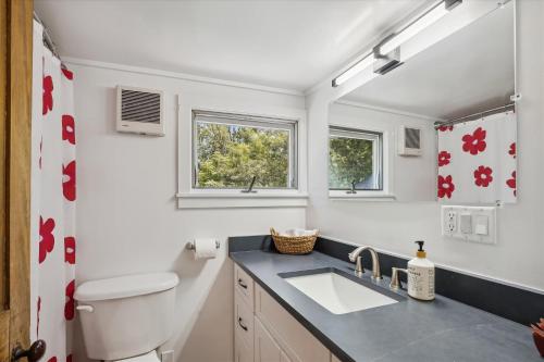 un bagno con lavandino e servizi igienici e due finestre di Stowe Farmhouse Apartment a Stowe