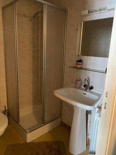 uma casa de banho com um chuveiro e um lavatório. em Confortable et agréable T1 n 2 em Ussel