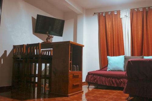 a living room with a couch and a flat screen tv at Departamentos "GARCÍA LÓPEZ" 1 dormitorio a 20min del centro de Oaxaca in Oaxaca City