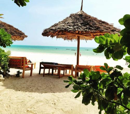 a table and chairs on a beach with an umbrella at Sipano Beach Lodge Kiwengwa in Kiwengwa