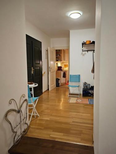 sala de estar con suelo de madera y puerta negra en Laxmi Happy Home in historical Prague, en Praga