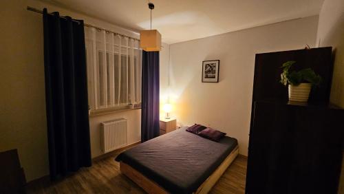 ein kleines Schlafzimmer mit einem Bett und einem Fenster in der Unterkunft Słoneczny Apartament Warka in Warka