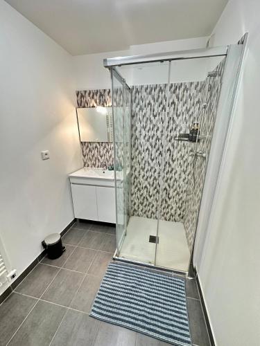 une douche avec une porte vitrée dans une salle de bain dans l'établissement Magnifique appartement à Bagnolet-Paris 102, à Bagnolet